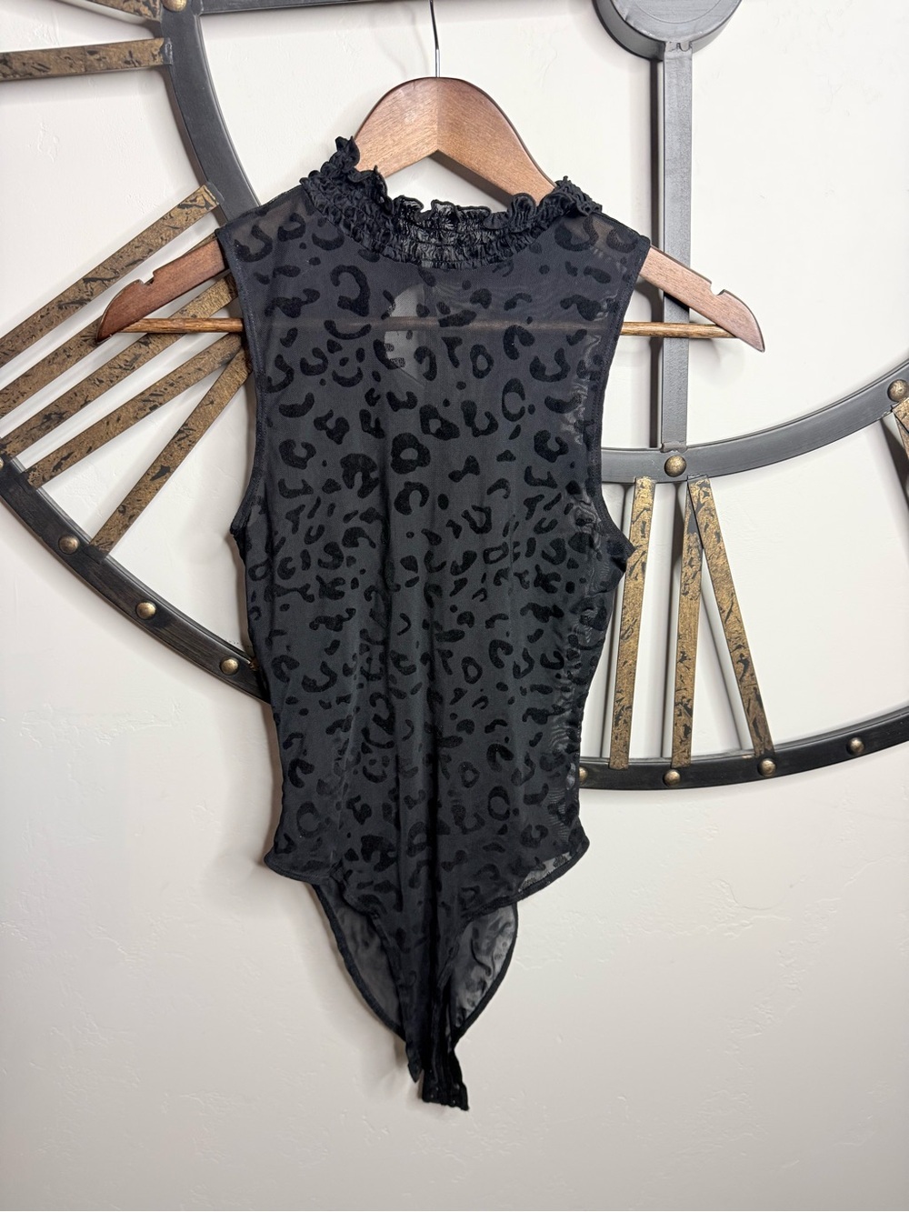 Forever 21 Black Leopard-Print Ruffle Mock Neck Sleeveless Bodysuit
